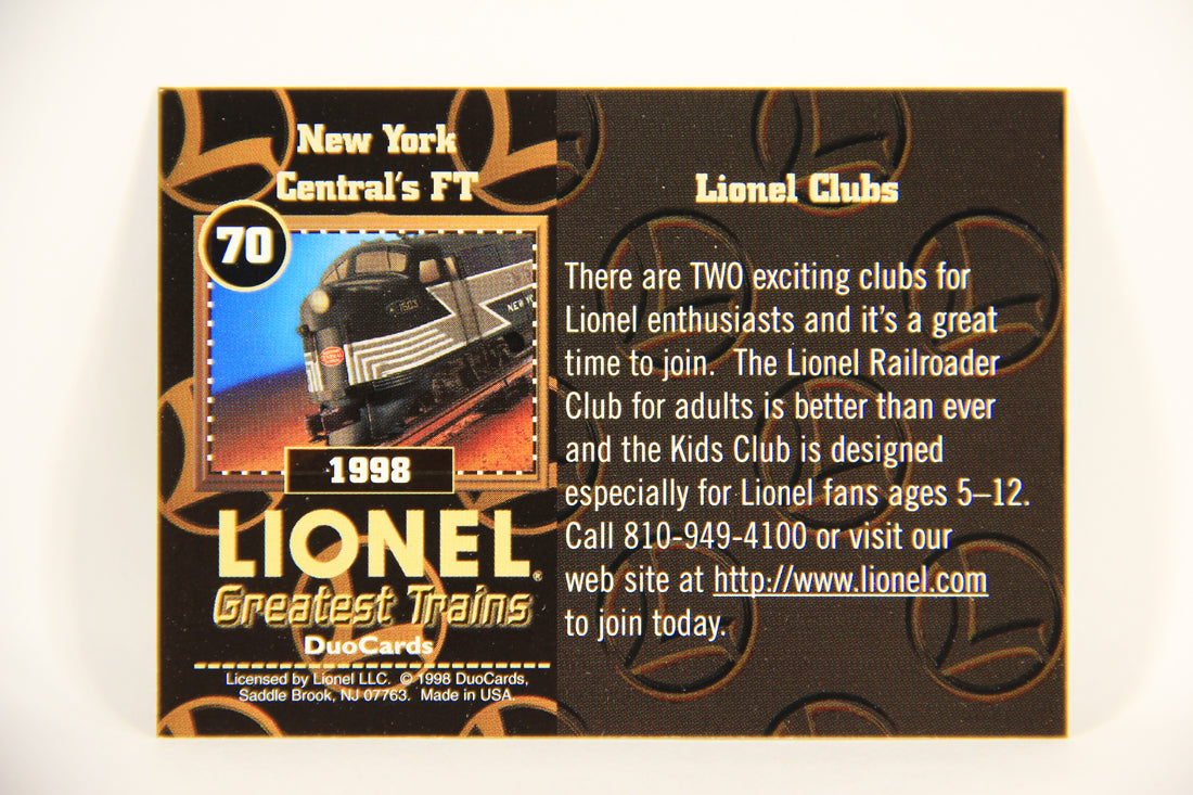 Lionel Greatest Trains 1998 Card #70 - 1998 New York Central's FT ENG L004517