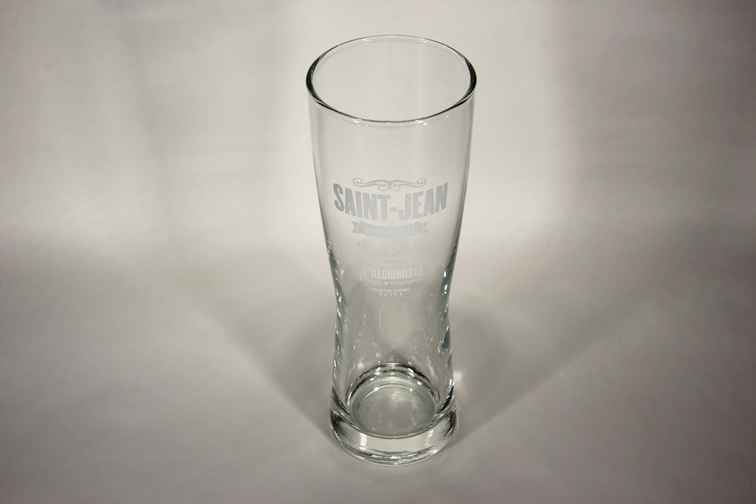 St Jean L'Alchimiste Brewery Pilsner Glass FR Box Can Quebec Lys Flowers Logo L009591