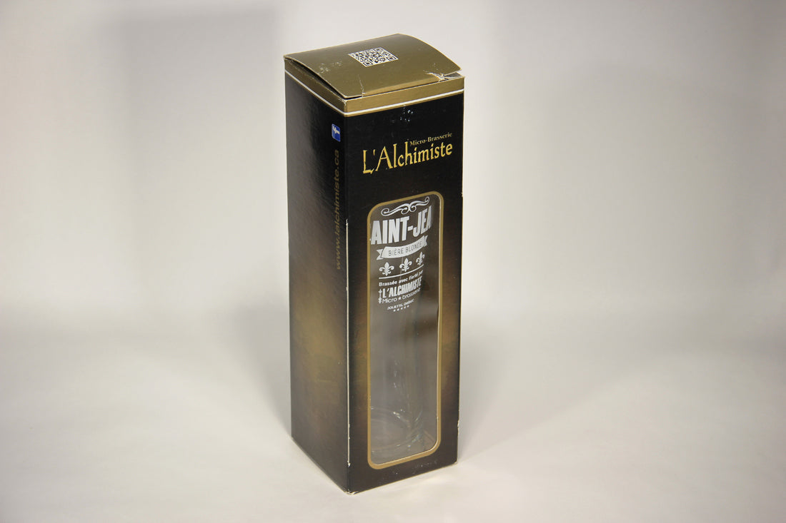 St Jean L'Alchimiste Brewery Pilsner Glass FR Box Can Quebec Lys Flowers Logo L009591