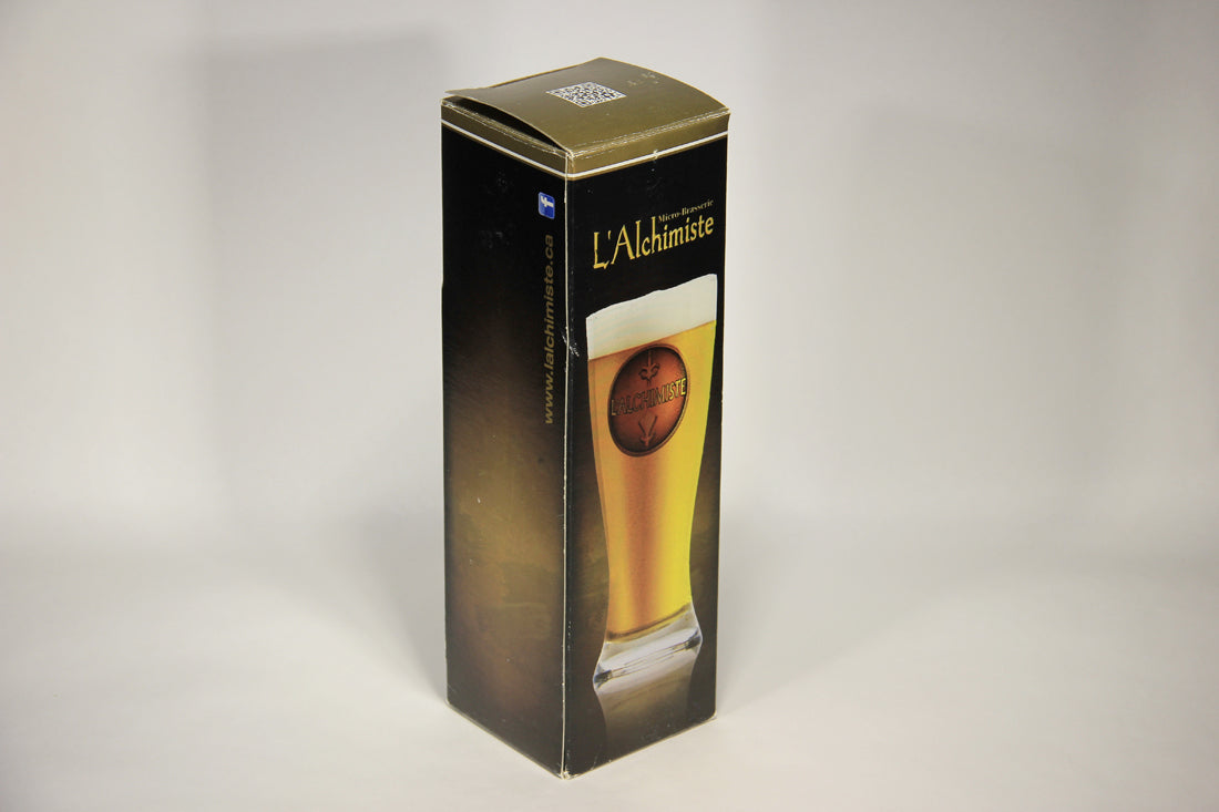 St Jean L'Alchimiste Brewery Pilsner Glass FR Box Can Quebec Lys Flowers Logo L009591
