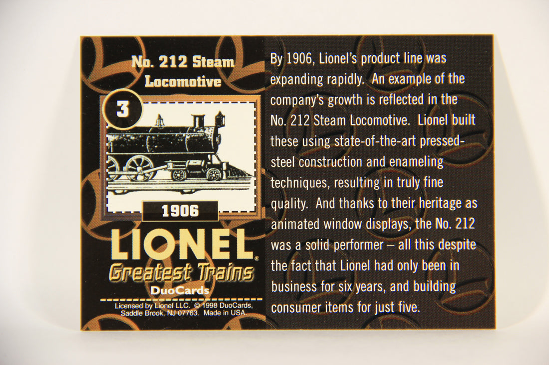 Lionel Greatest Trains 1998 Card #3 - 1906 No. 212 Steam Locomotive ENG L011231