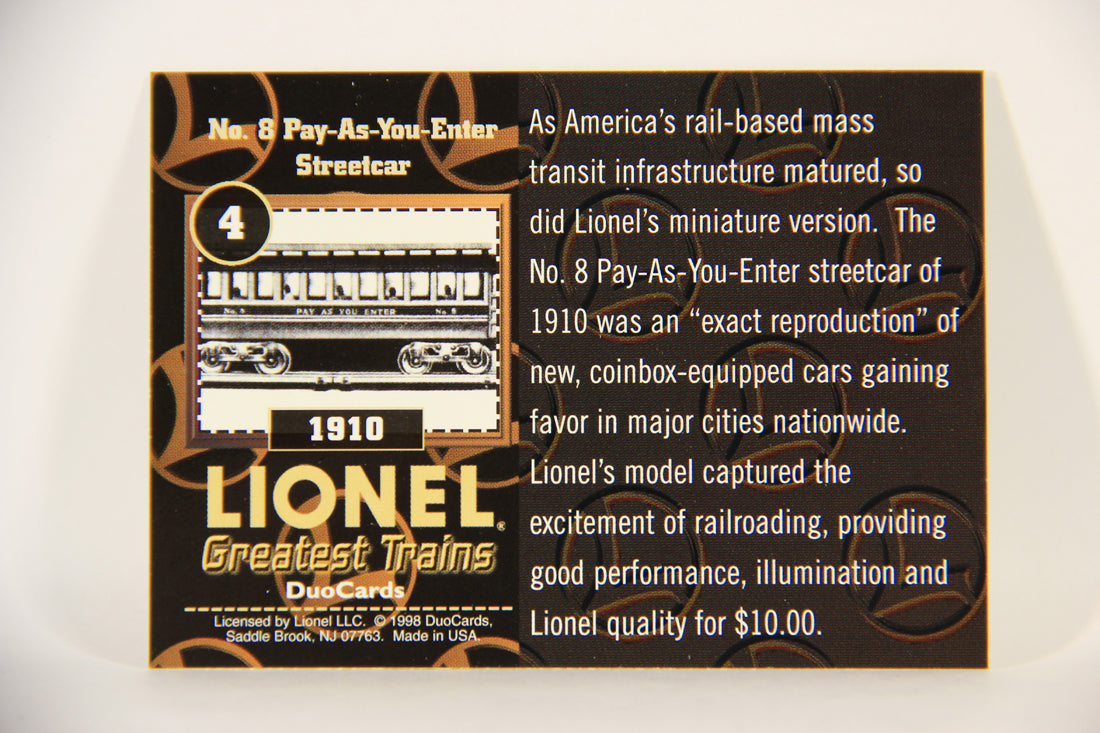 Lionel Greatest Trains 1998 Card #4 - 1910 No. 8 Pay-As-You-Enter Streetcar ENG L011232
