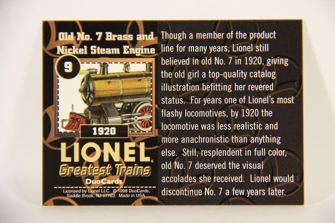 Lionel Greatest Trains 1998 Card #9 - 1920 Old No. 7 Brass And Nickel Steam Engine ENG L011237