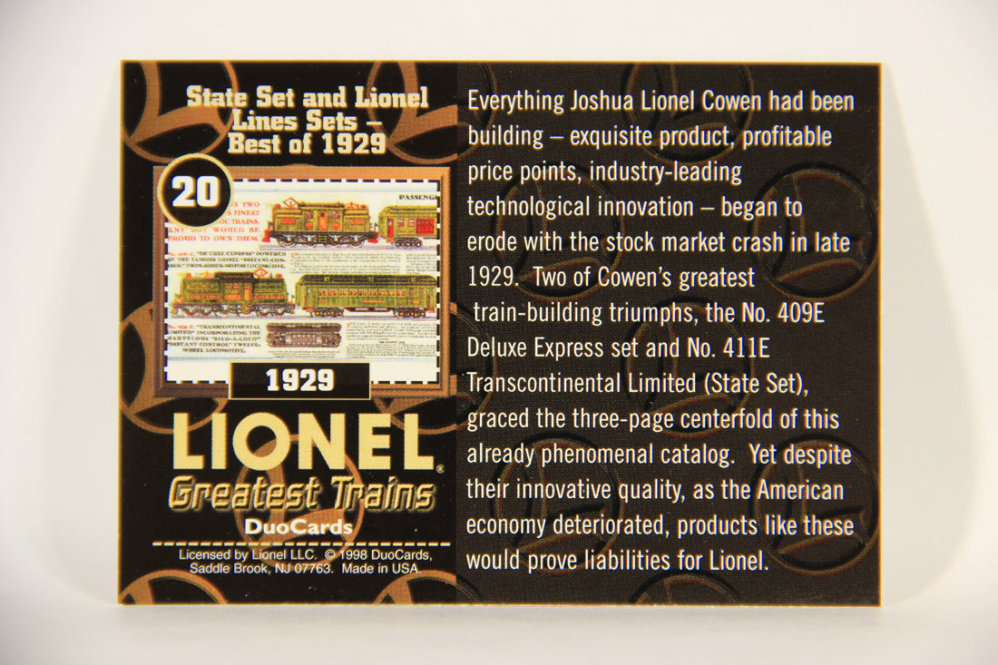 Lionel Greatest Trains 1998 Card #20 - 1929 State Set And Lionel Lines Sets Best Of 1929 ENG L011248