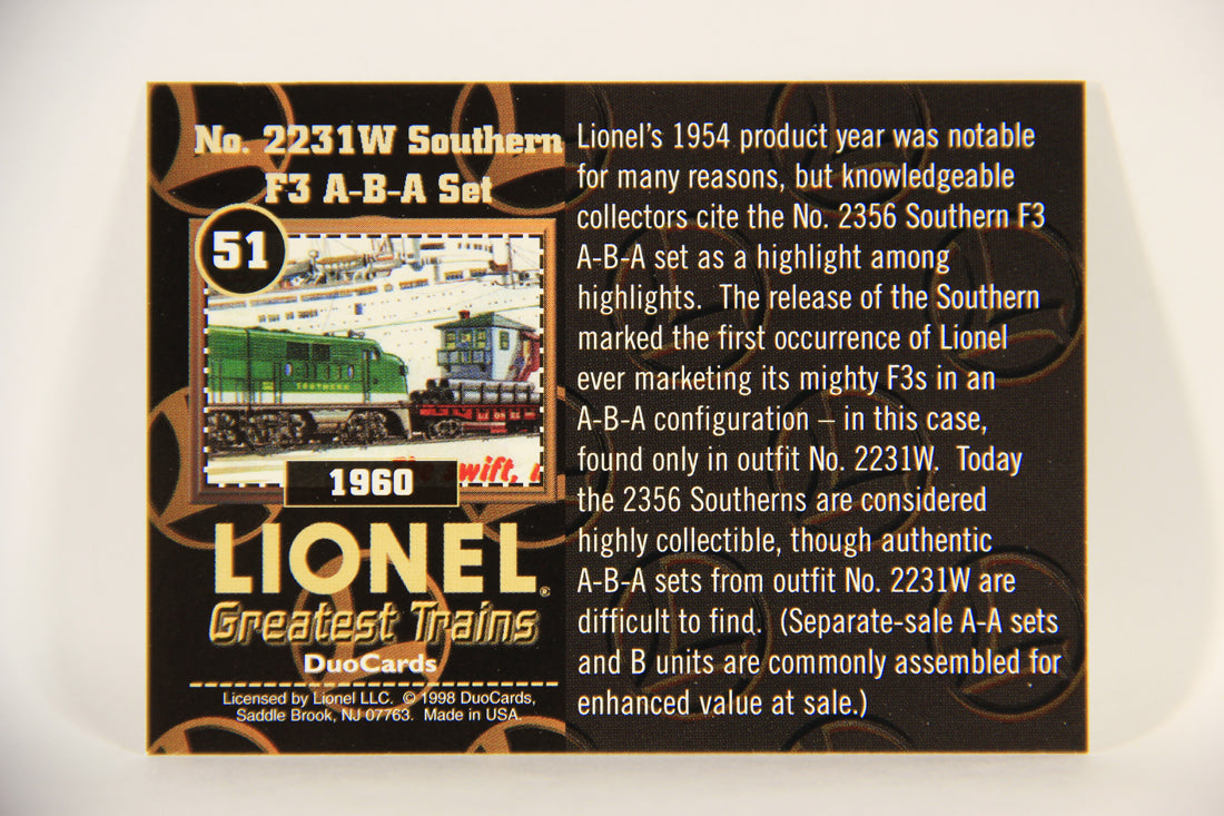 Lionel Greatest Trains 1998 Card #51 - 1960 No. 2231W Southern F3 A-B-A Set ENG L011279