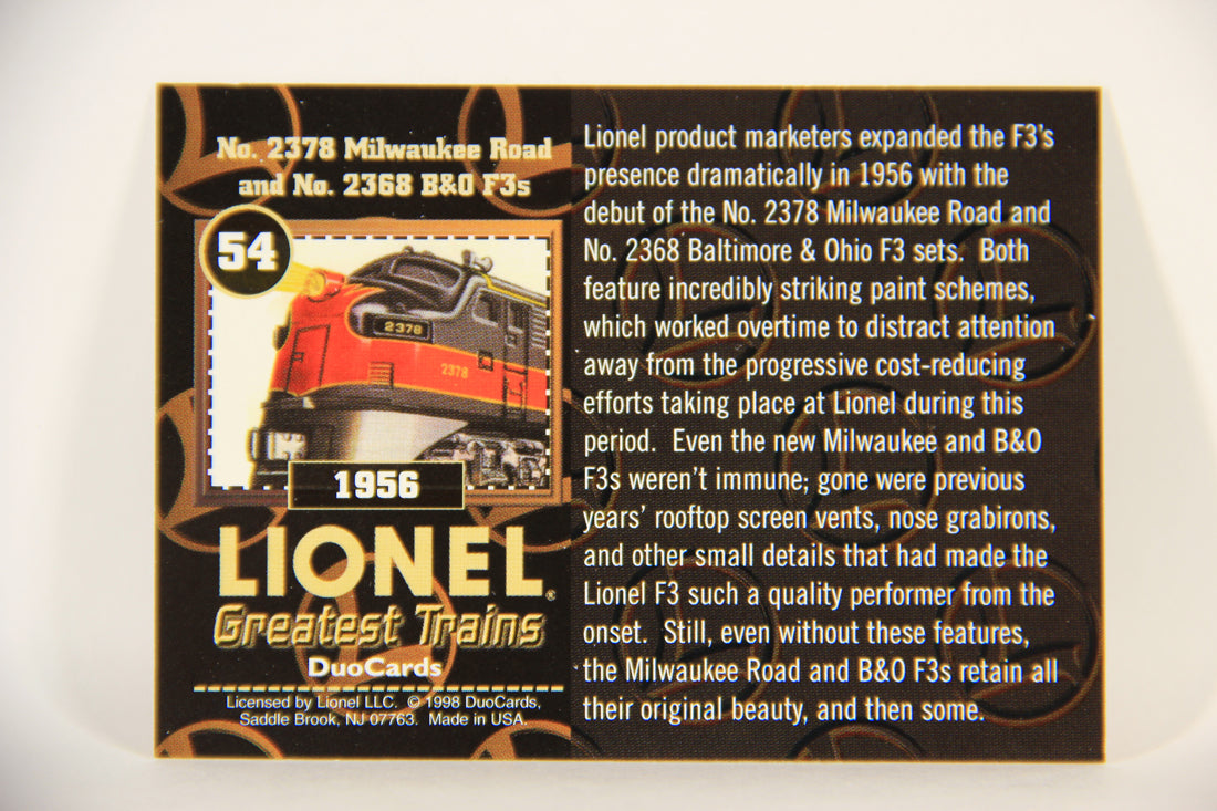 Lionel Greatest Trains 1998 Card #54 - 1956 No. 2378 Milwaukee Road And No. 2368 B&O F3s ENG L011282