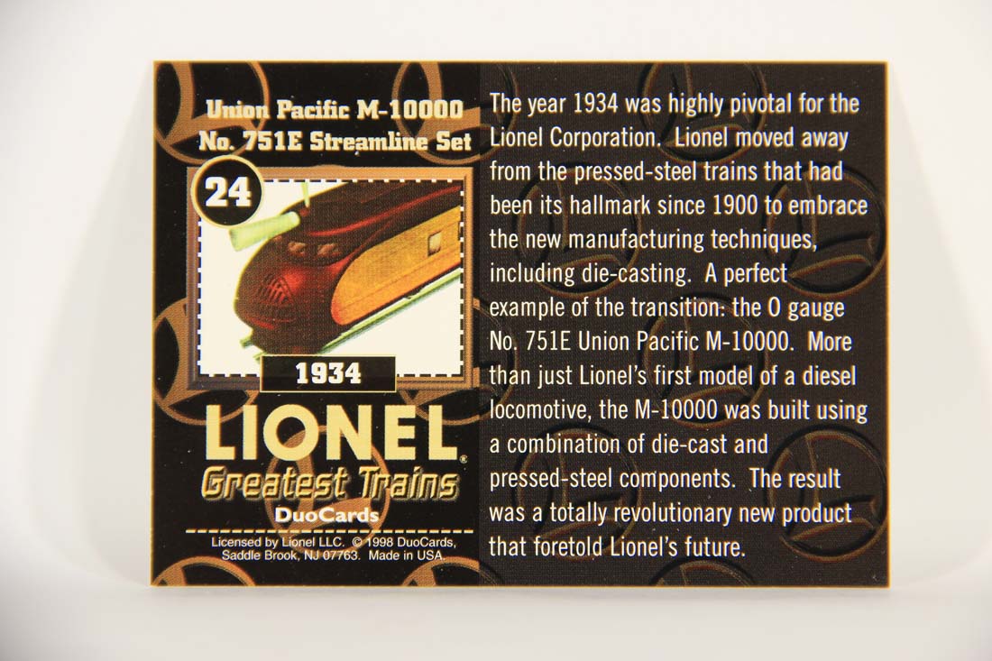 Lionel Greatest Trains 1998 Card #24 - 1934 Union Pacific M-10000 No. 751E Streamline Set ENG L013442