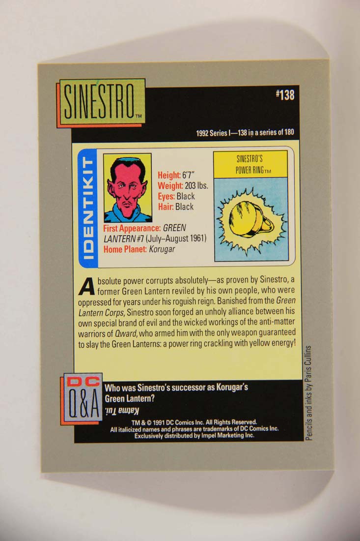 DC Cosmic 1991 Trading Card #138 Sinestro's Power Ring L013697