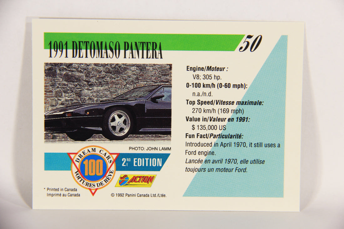 Dream Cars 2nd Edition 1992 Trading Card #50 - 1991 Detomaso Pantera L018523