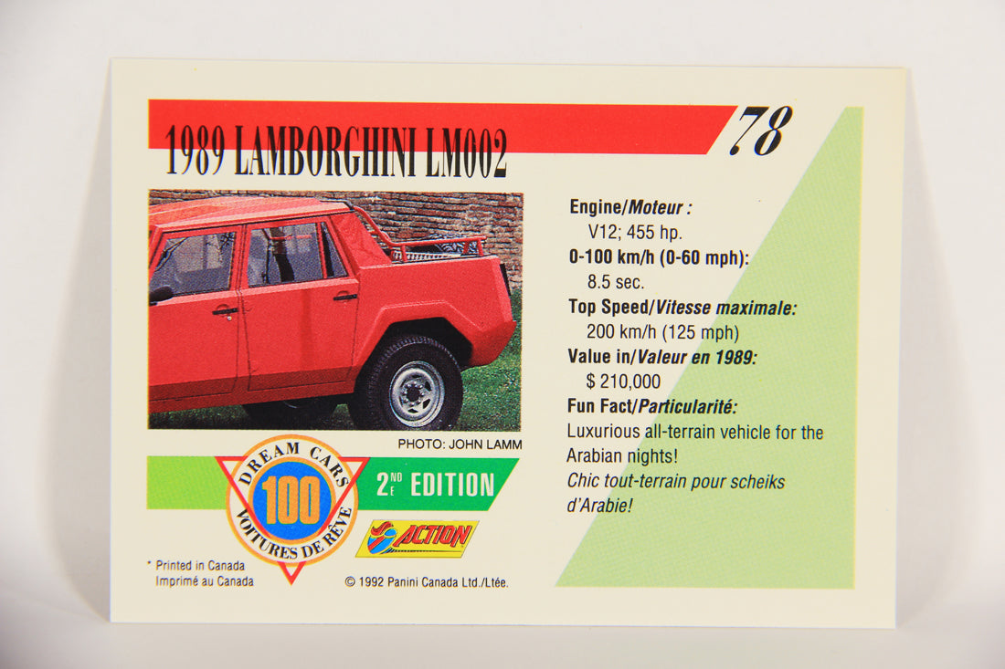 Dream Cars 2nd Edition 1992 Trading Card #78 - 1989 Lamborghini LM002 FR-ENG L018551