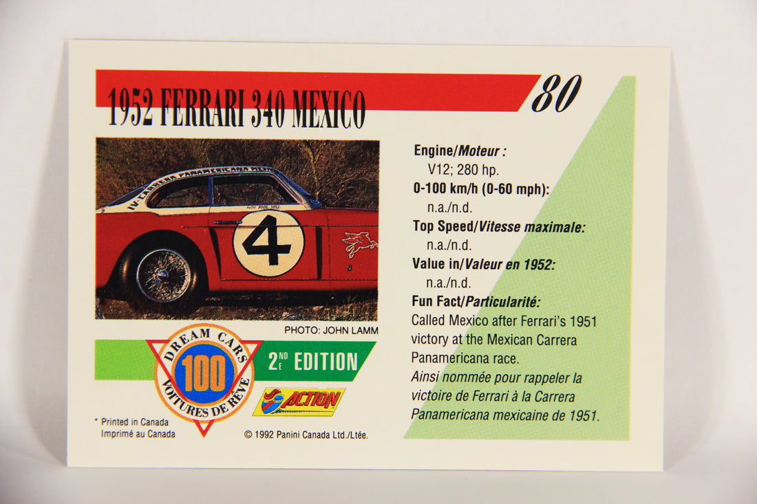 Dream Cars 2nd Edition 1992 Trading Card #80 - 1952 Ferrari 340 Mexico FR-ENG L018553