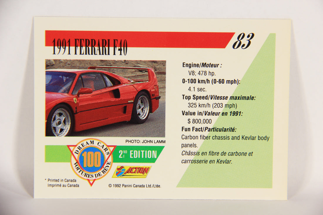 Dream Cars 2nd Edition 1992 Trading Card #83 - 1991 Ferrari F40 FR-ENG L018556