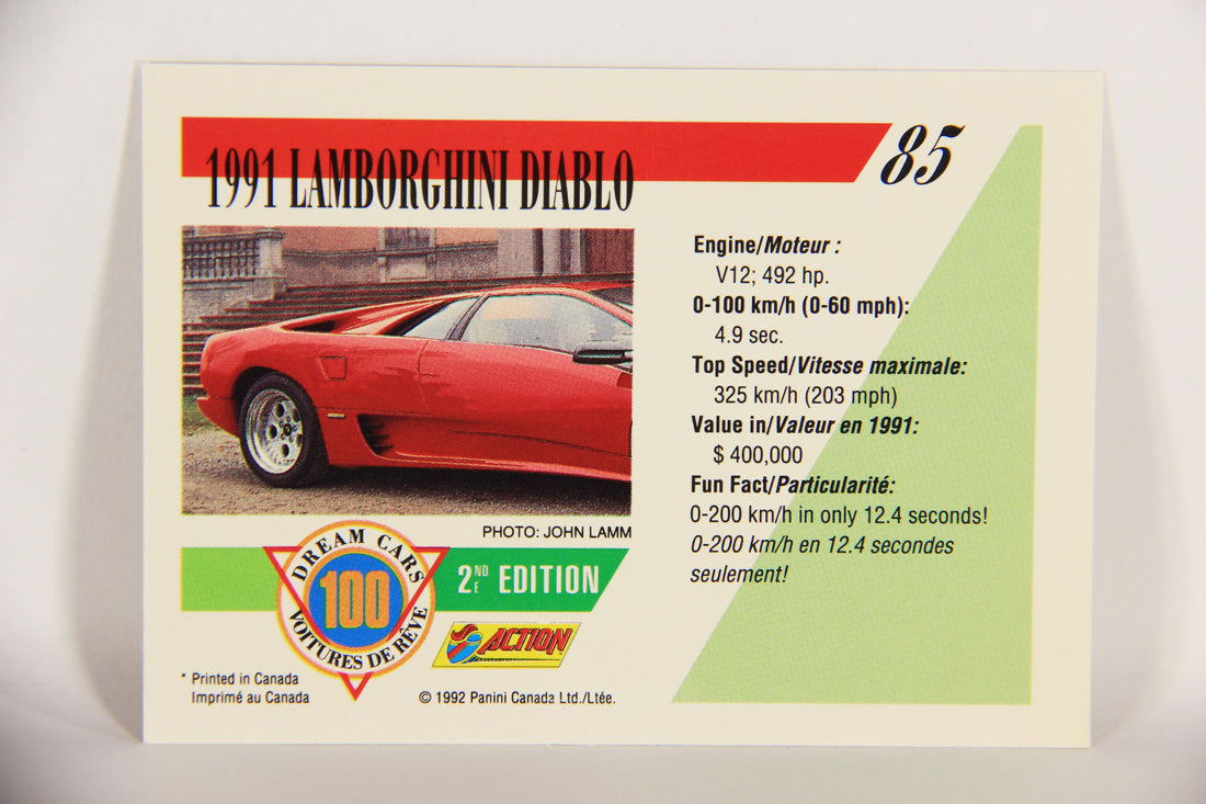 Dream Cars 2nd Edition 1992 Trading Card #85 - 1991 Lamborghini Diablo FR-ENG L018558