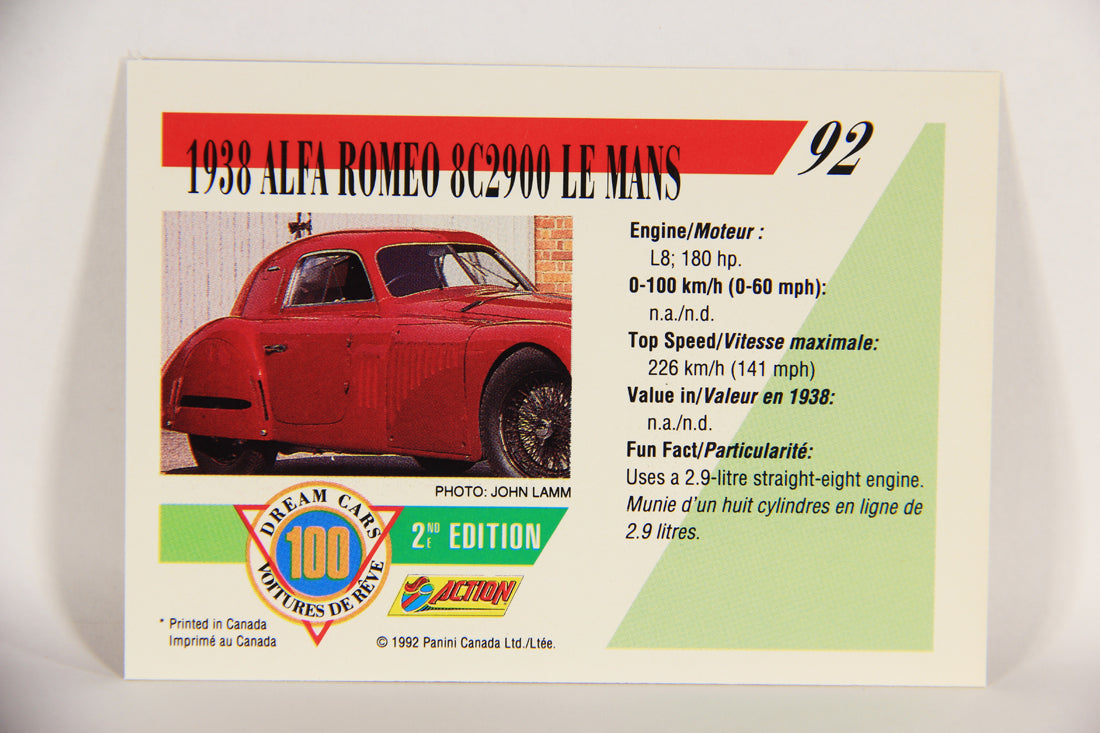 Dream Cars 2nd Edition 1992 Trading Card #92 - 1938 Alfa Romeo 8C2900 Le Mans L018565