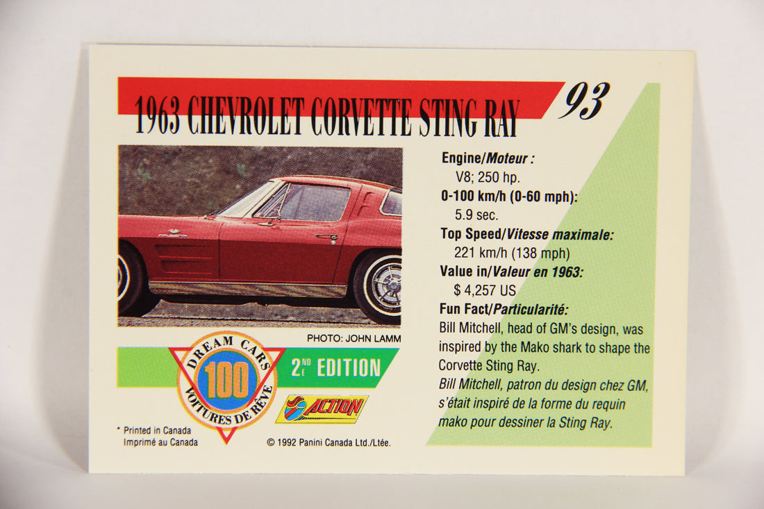 Dream Cars 2nd Edition 1992 Trading Card #93 - 1963 Chevrolet Corvette Sting Ray L018566