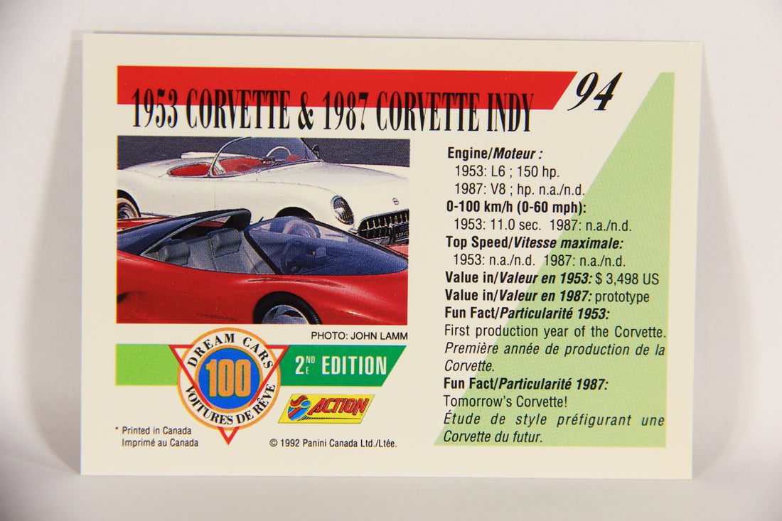 Dream Cars 2nd Edition 1992 Trading Card #94 - 1953 Corvette & 1987 Corvette Indy L018567