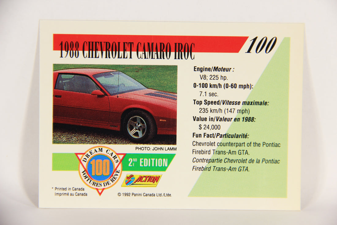 Dream Cars 2nd Edition 1992 Trading Card #100 - 1988 Chevrolet Camaro Iroc FR-ENG L018573