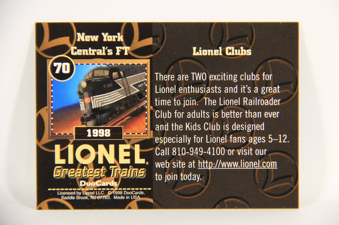 Lionel Greatest Trains 1998 Card #70 - 1998 New York Central's FT ENG L018628