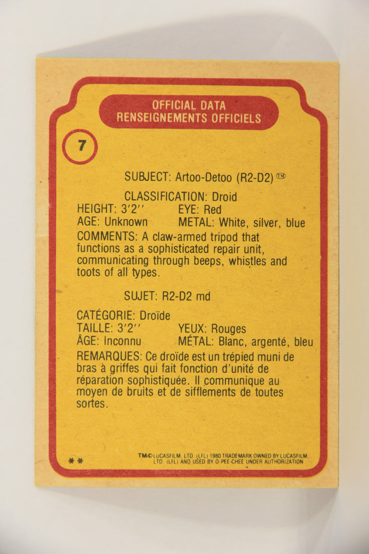 Star Wars Empire Strikes Back 1980 Trading Card #7 Artoo-Deetoo FR-ENG OPC L020298