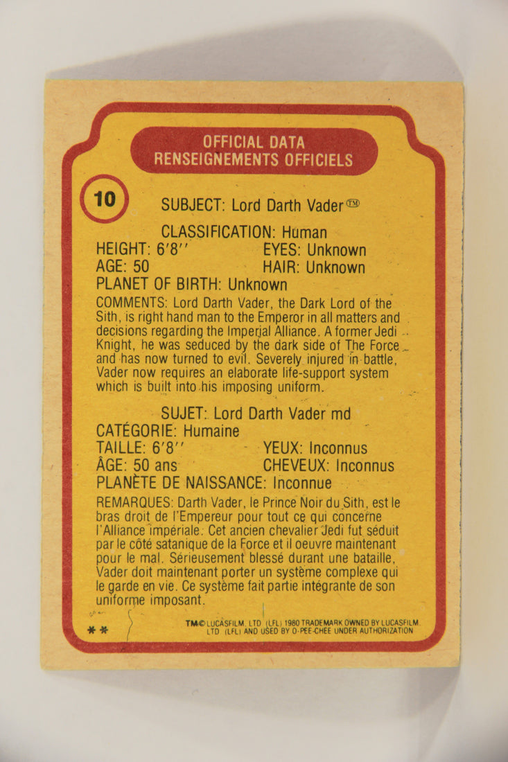Star Wars Empire Strikes Back Trading Card #10 Darth Vader FR-ENG O-Pee-Chee L020300