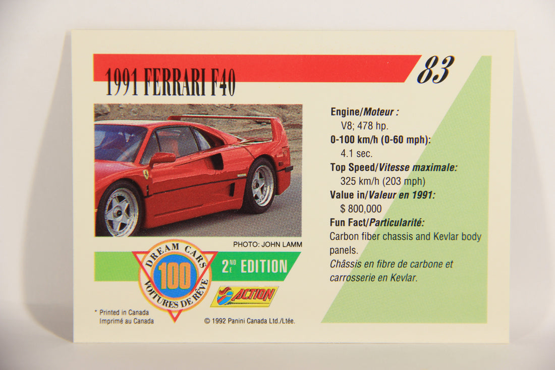 Dream Cars 2nd Edition 1992 Trading Card #83 - 1991 Ferrari F40 FR-ENG L021506