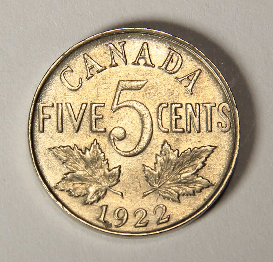1922 Canada 5 Cents George V - Near S Variant Nickel Coin Five Cents L021908