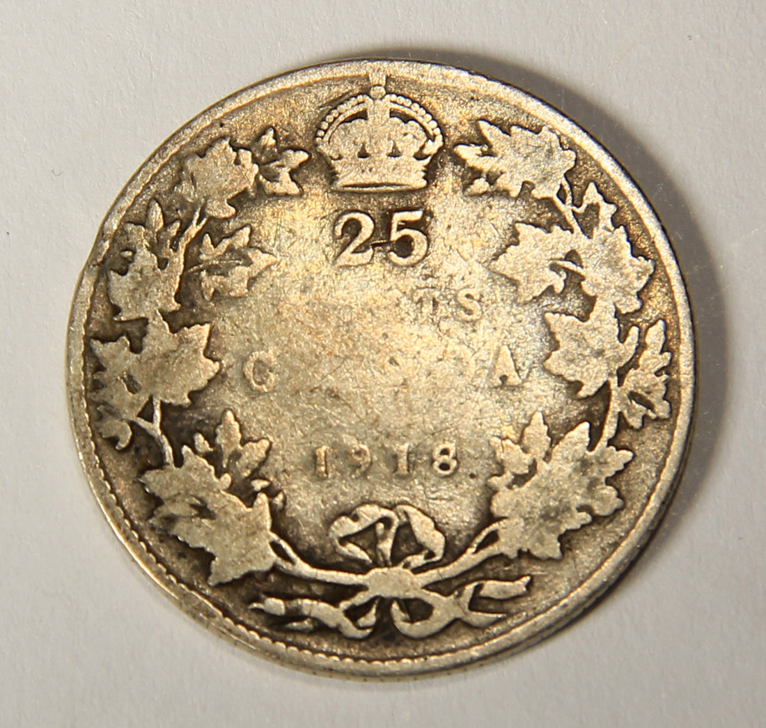 1918 Canada 25 Cents King George V - Silver Coin .925 Twenty-Five Cents L021917