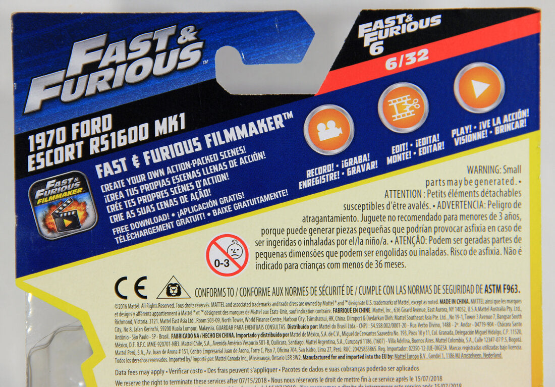 Mattel Die-Cast 2016 Ford Escort RS1600 MK1 1970 Fast & Furious #6/32 L001453