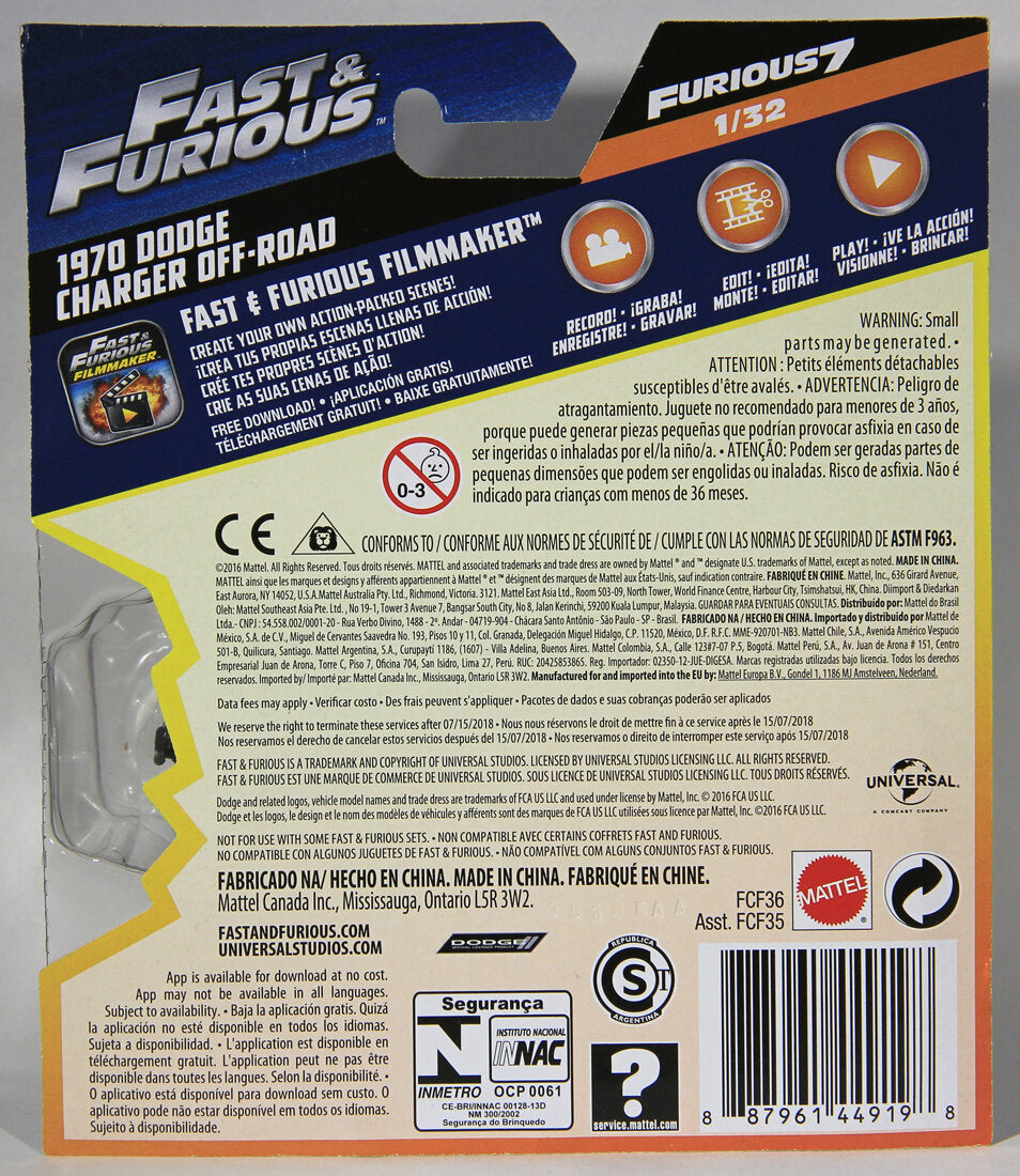 Mattel Die-Cast 2016 Dodge Charger Off-Road 1970 Fast & Furious #1/32 L001464
