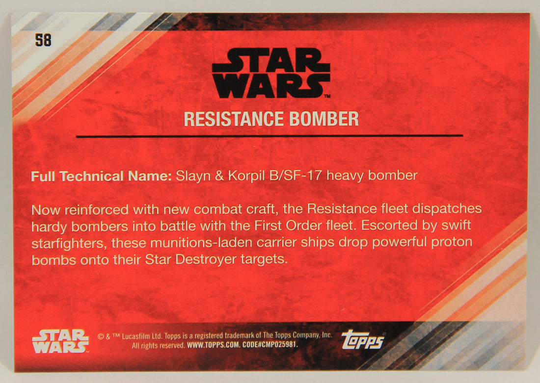 Star Wars The Last Jedi 2017 Trading Card #58 Resistance Bomber Green Parallel ENG L002287