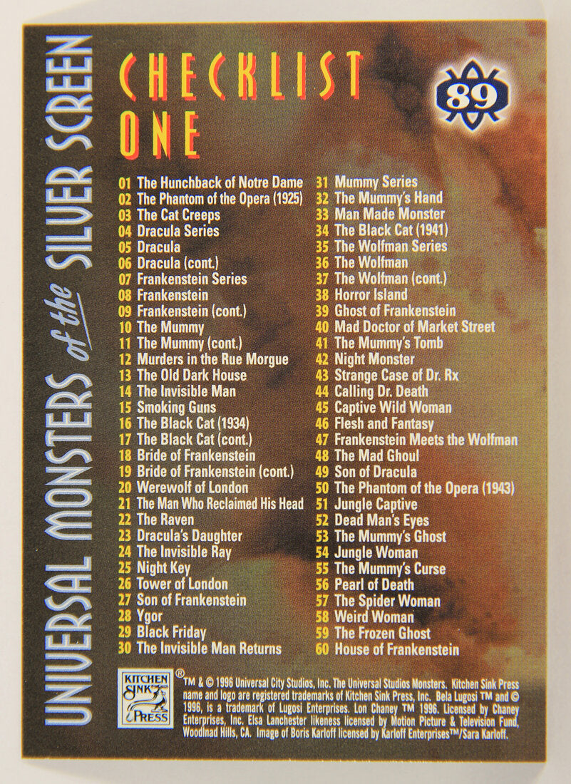 Universal Monsters Of The Silver Screen 1996 Trading Card #89 Checklist One L010943