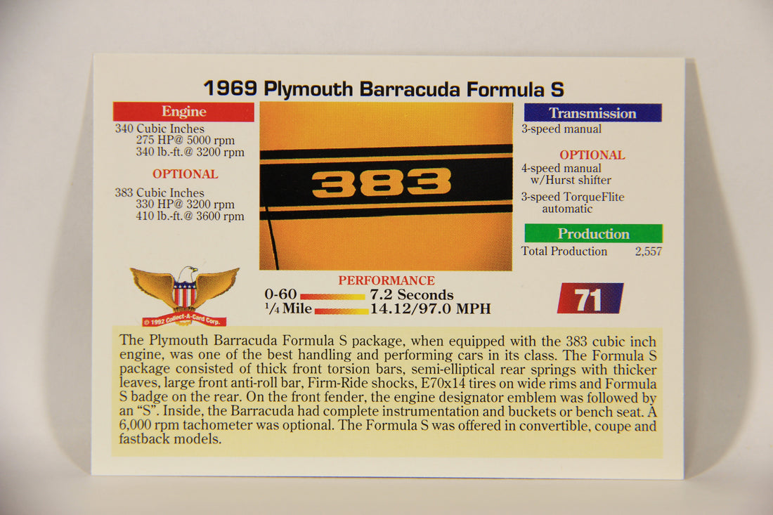 Musclecars 1992 Trading Card #71 - 1969 Plymouth Barracuda Formula S L011413