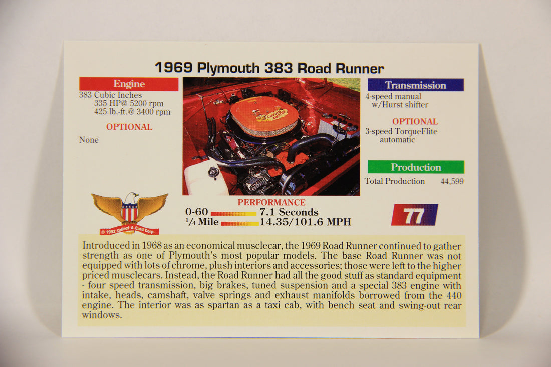 Musclecars 1992 Trading Card #77 - 1969 Plymouth Road Runner L011419