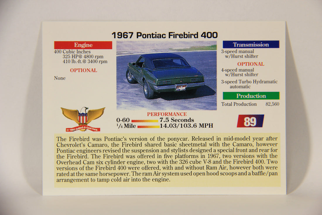 Musclecars 1992 Trading Card #89 - 1967 Pontiac Firebird 400 L011431