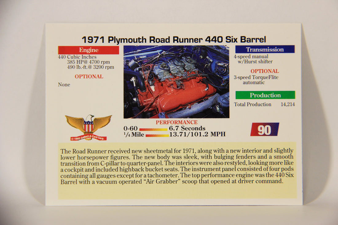 Musclecars 1992 Trading Card #90 - 1971 Plymouth Road Runner 440 6-Barrel L011432