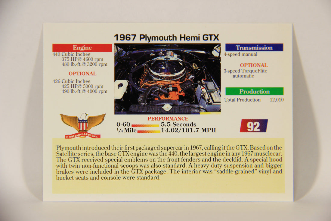 Musclecars 1992 Trading Card #92 - 1967 Plymouth Hemi GTX L011434