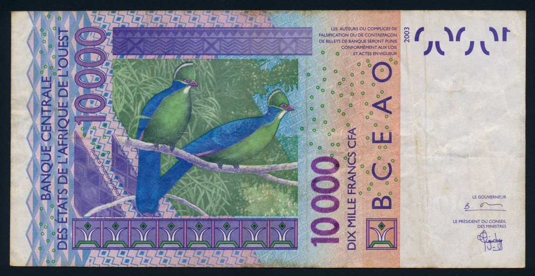 Ivory Coast 10000 Francs West African States 2003 KP-118a Banknote Fine Birds L014492