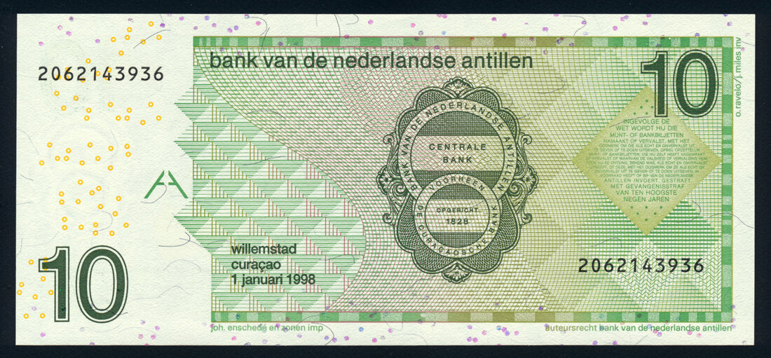 Netherlands Antilles 10 Gulden 1998 KP-28a Banknote Hummingbird UNC L014500
