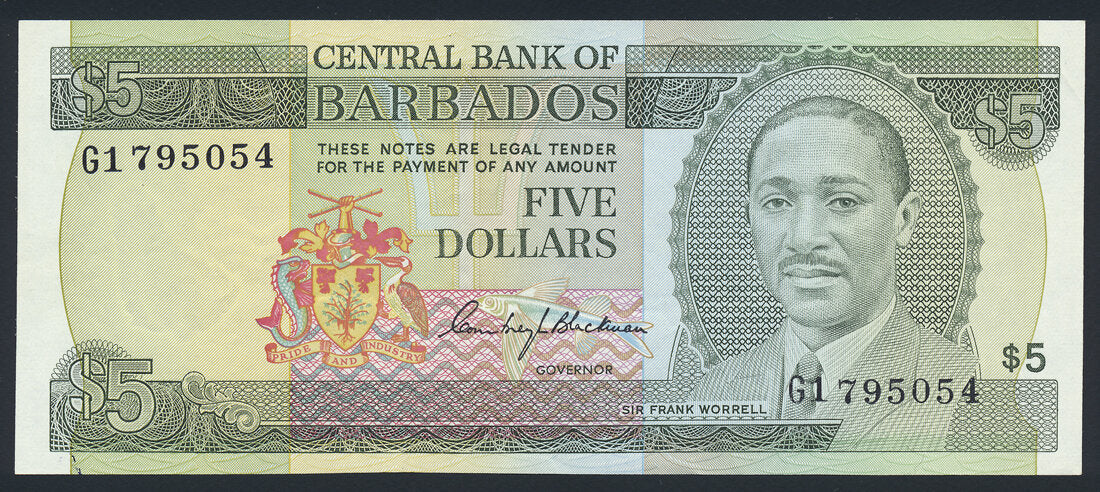Barbados 5 Dollars 1975 KP-32a Banknote Extremely Fine EF L014543