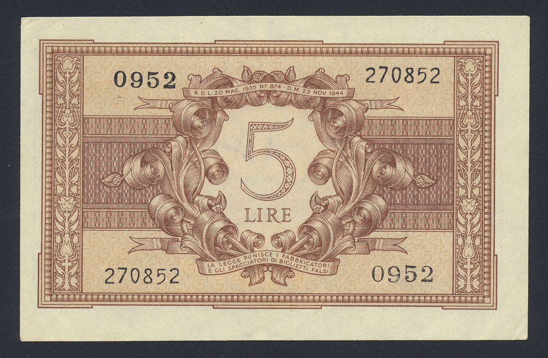Italy 5 Lire 1944 KP-31c Banknote VF-EF L014659