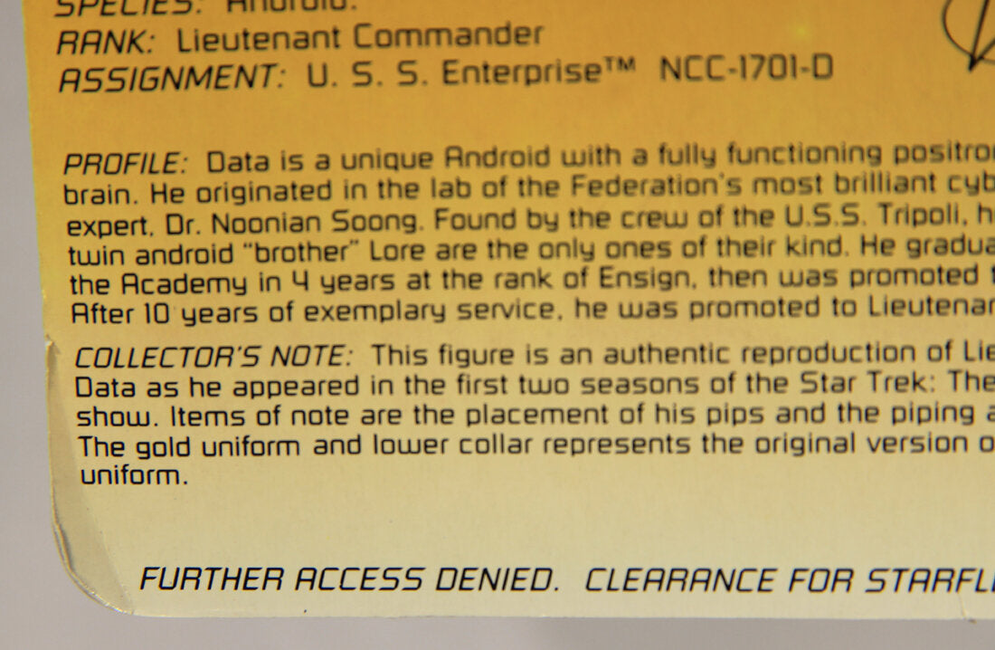 1993 Star Trek The Next Generation Lieutenant Commander Data Action Figure ENG Card L015485
