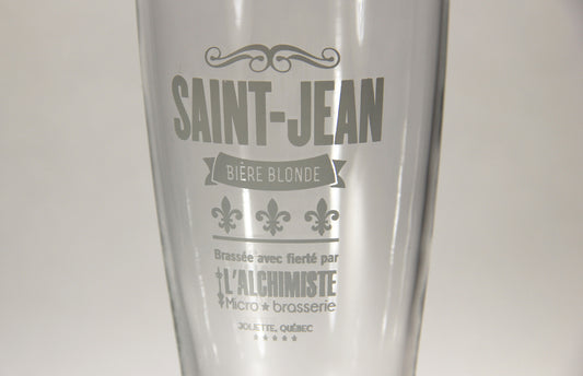 St Jean L'Alchimiste Brewery Pilsner Glass Canada Quebec Lys Flowers Logo L002190