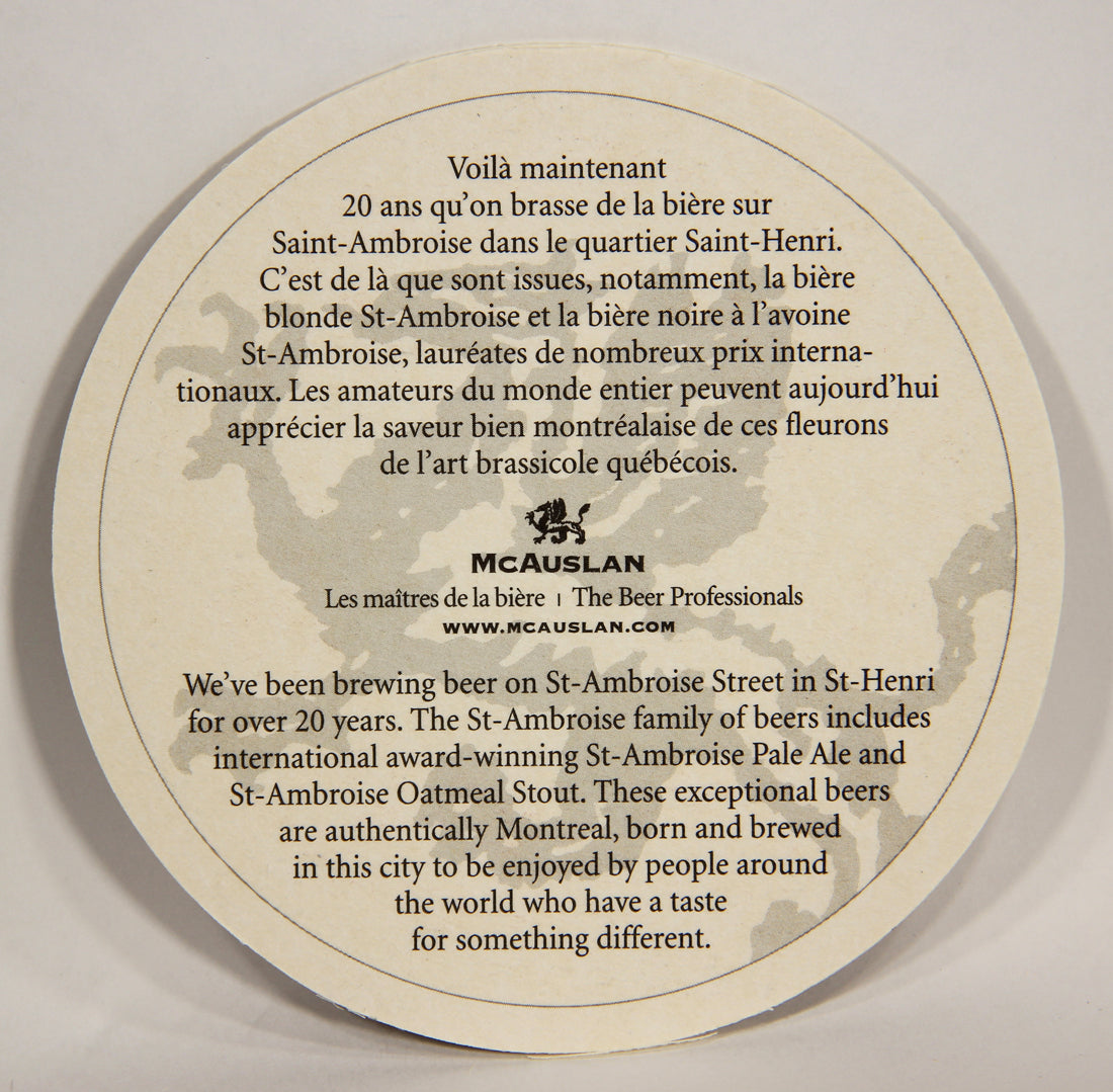 St-Ambroise Beer Coaster McAuslan Brewery Canada Mtl. FR-ENG Dragon Logo L003146