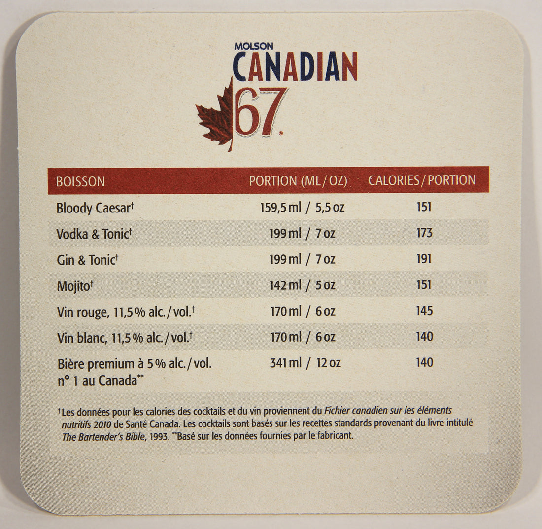 Molson Canadian 67 Beer Coaster Low Calorie Explained Beer Canada Mtl. FR L003149