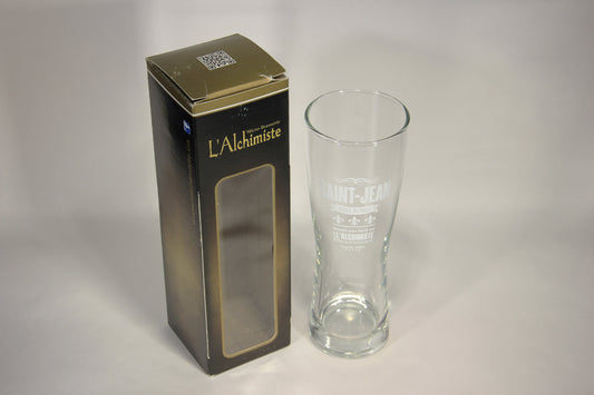 St Jean L'Alchimiste Brewery Pilsner Glass FR Box Can Quebec Lys Flowers Logo L009591