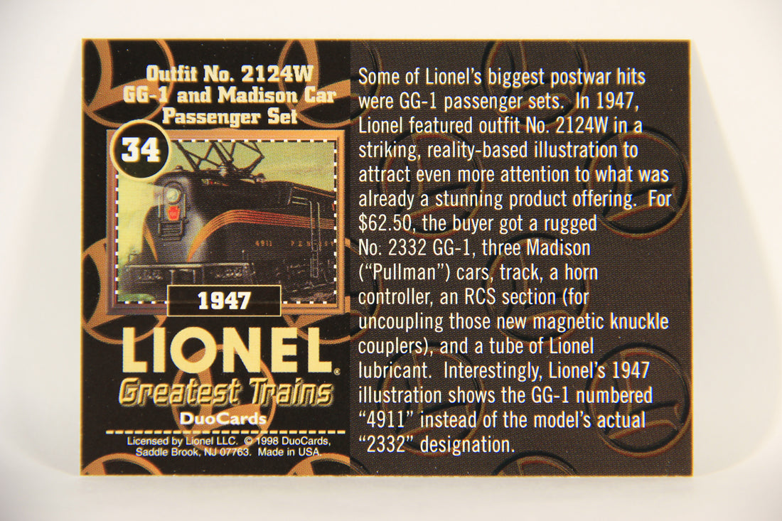 Lionel Greatest Trains 1998 Card #34 - 1947 Outfit No. 2124W GG-1 And Madison Car Passenger Set ENG L011262