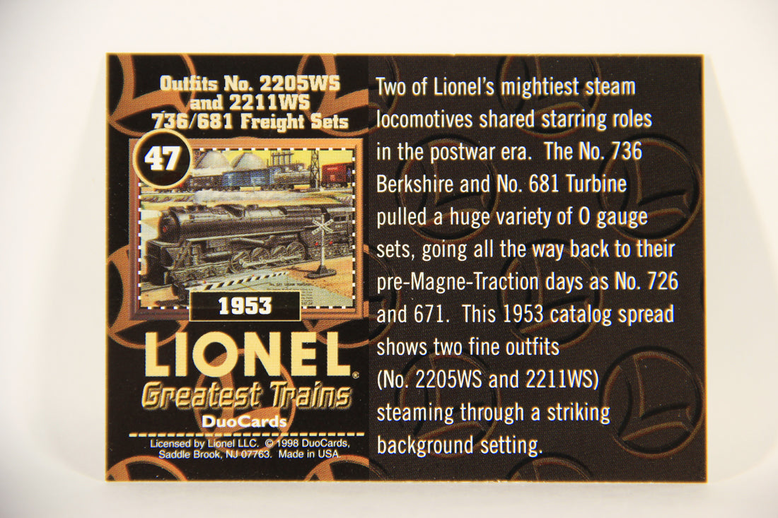 Lionel Greatest Trains 1998 Card #47 - 1953 Outfits No. 2205W5 And 2211W5 736/681 Freight Sets ENG L011275