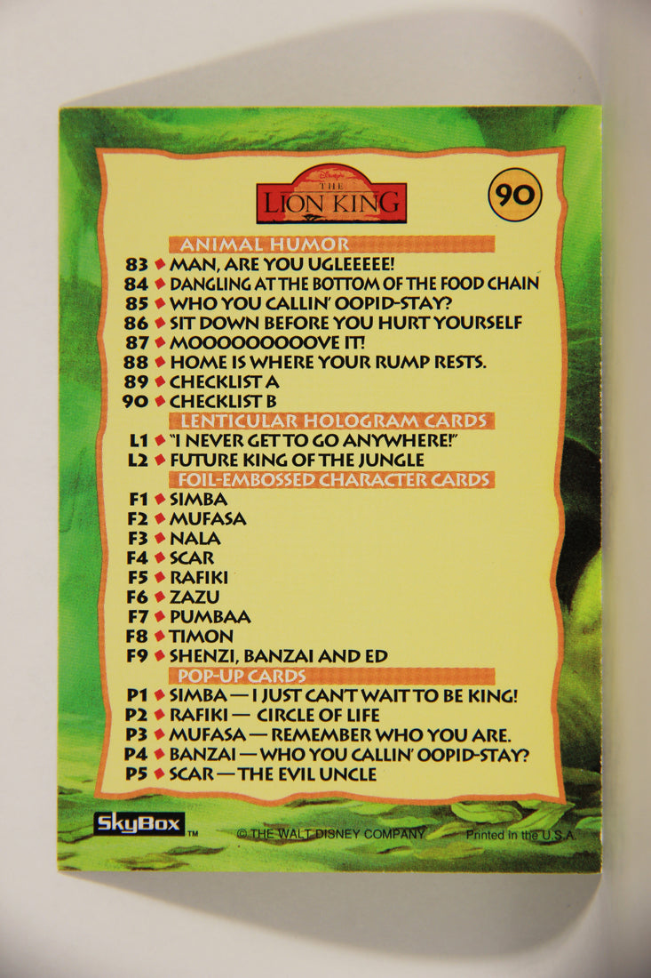 The Lion King 1994 Trading Card #90 Checklist B ENG L011795