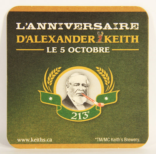 Alexander Keith Beer Coaster Alexander Keith's Birthday Canada NS FR L012489