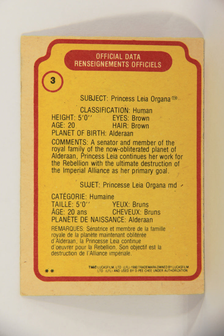 Star Wars Empire Strikes Back Trading Card #3 Princess Leia FR-ENG O-Pee-Chee L020295